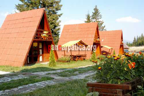 Imagine casute de camping din lemn in curtea interioara a pensiunii Luceafarul-Pojorata