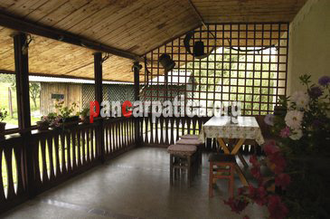 Imagine terasa acoperita cu mese, scaune si flori in cadrul pensiunii Casa dintre Pini din Agapia