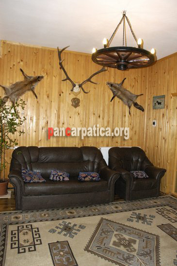 Imagine interior in pensiunea Casa dintre Pini din Agapia cu exponate vanatoresti pe perete