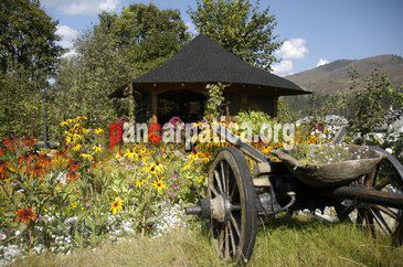 Imagine curte interioara cu flori multicolore si foisor din lemn unde poti admira peisajele minunate ce inconjoara pensiunea Casa Aurora din Vama