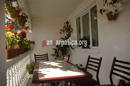 Imagine balcon cu mese, scaune si flori frumoase in pensiunea Alex din Manastirea Humorului